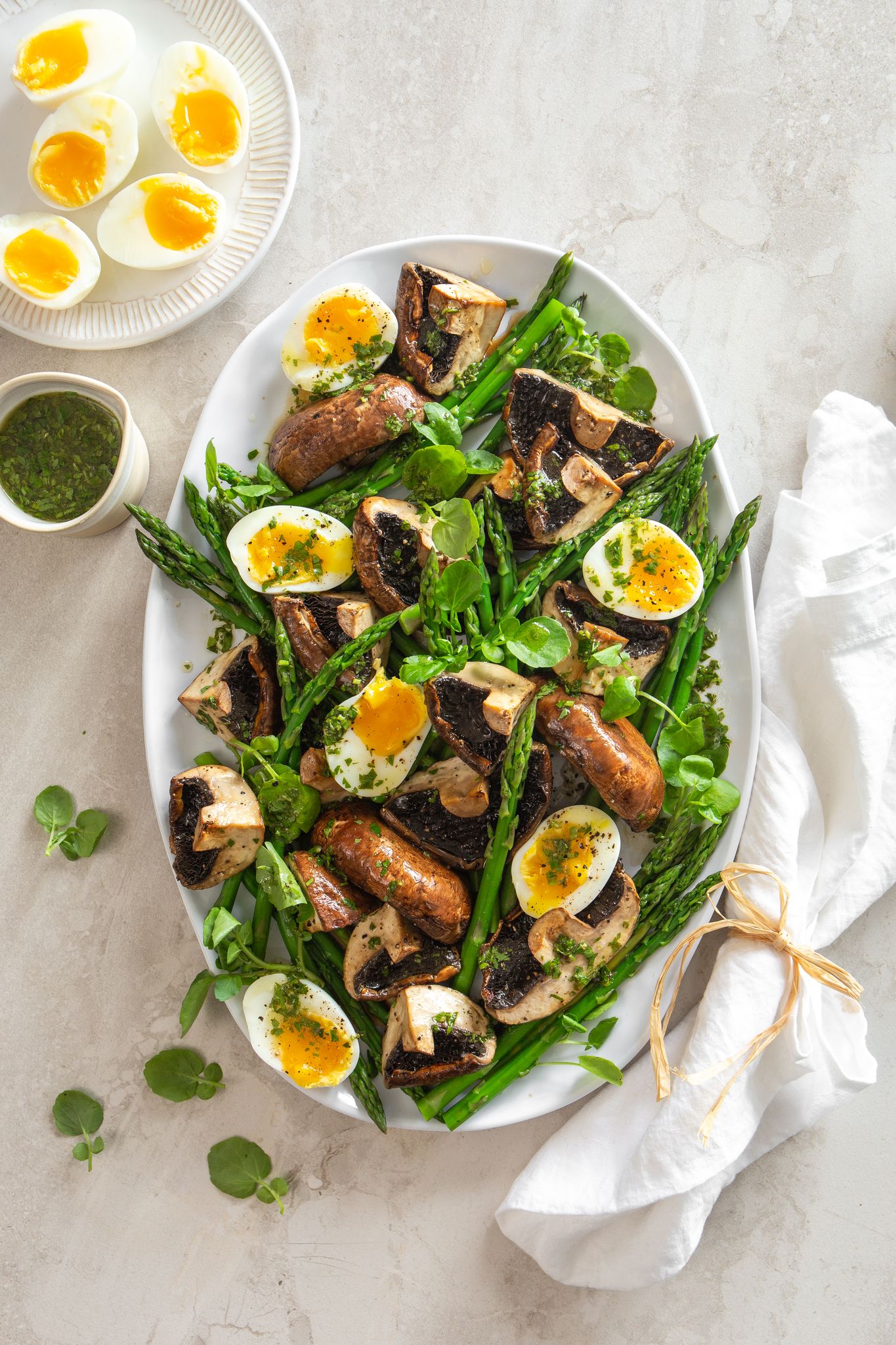 You are currently viewing <strong>Roasted Mushrooms & Asparagus with Soft Boiled Eggs and Herb Vinaigrette</strong>