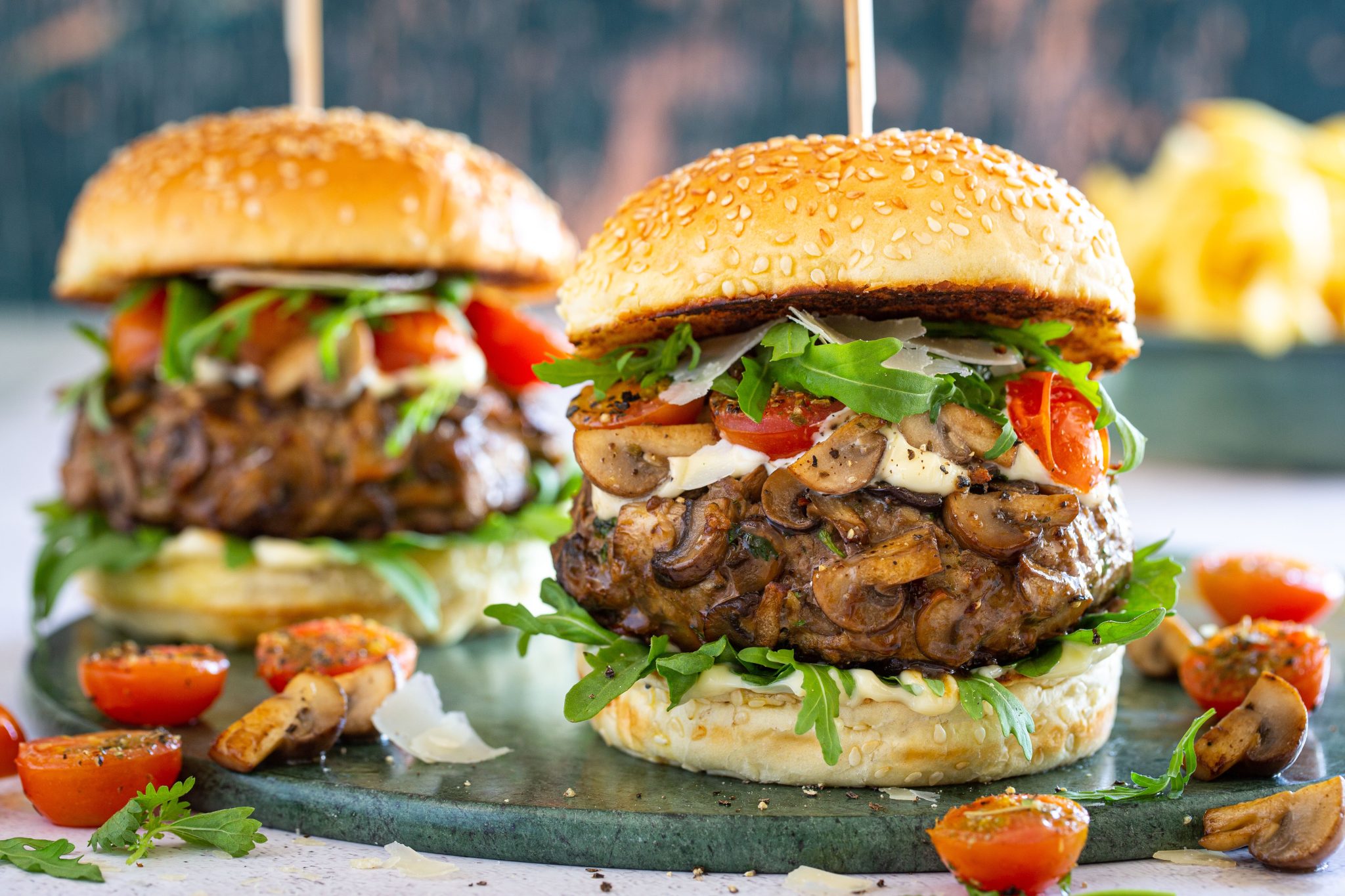 FREE RANGE BEEF PORTABELLO MUSHROOM BURGER With Oven Roasted Tomatoes 